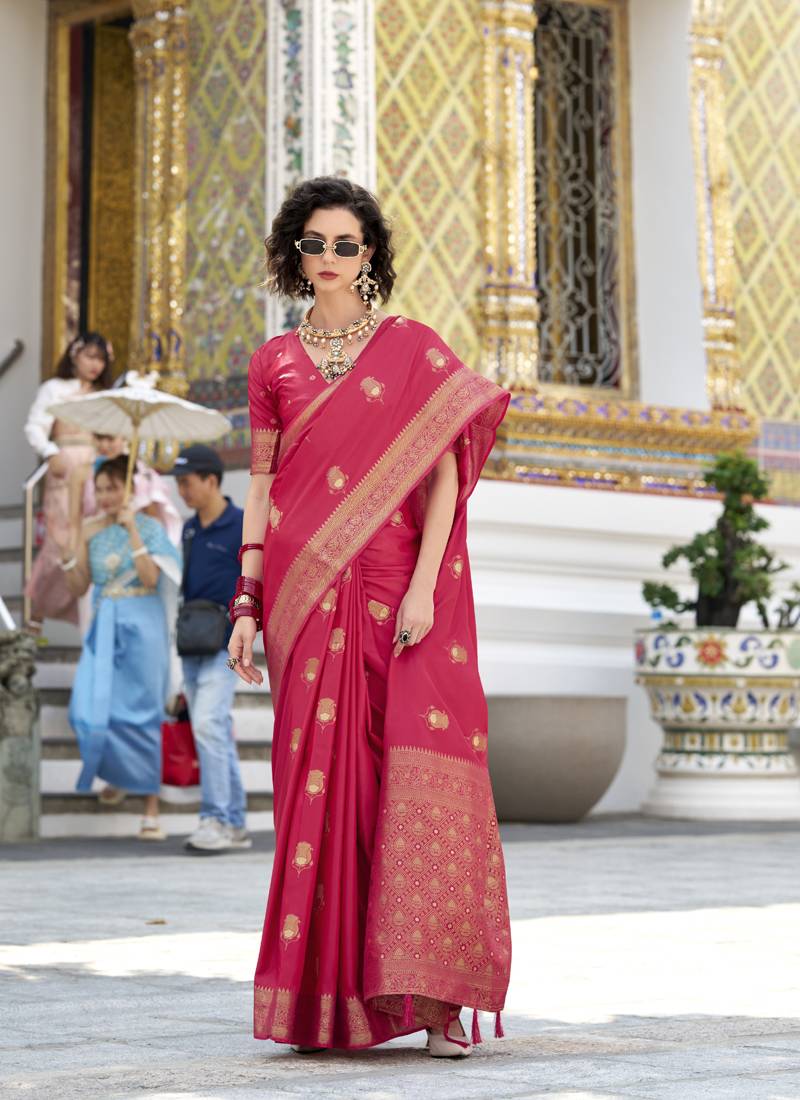 crimson satin silk blend with beautiful zari weaving border & designer pallu