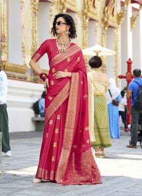 crimson satin silk blend with beautiful zari weaving border & designer pallu 2