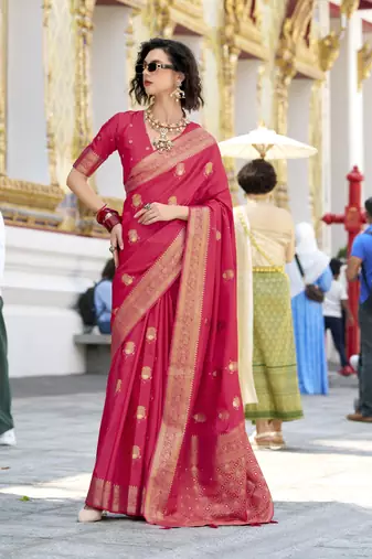 crimson satin silk blend with beautiful zari weaving border & designer pallu
