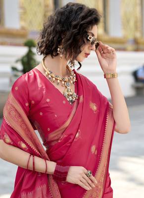 crimson satin silk blend with beautiful zari weaving border & designer pallu 3