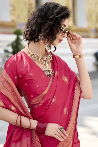 crimson satin silk blend with beautiful zari weaving border & designer pallu