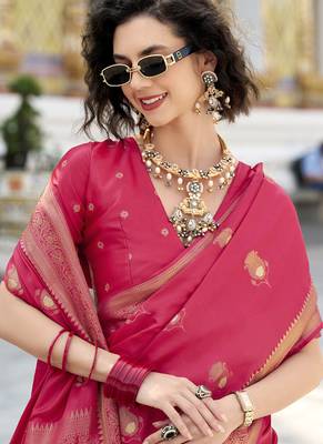 crimson satin silk blend with beautiful zari weaving border & designer pallu 4