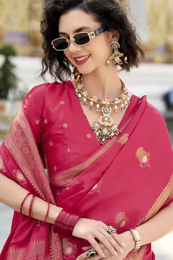 crimson satin silk blend with beautiful zari weaving border & designer pallu