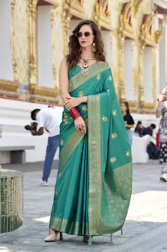 turquoise  satin silk blend with beautiful zari weaving border & designer pallu