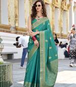 turquoise  satin silk blend with beautiful zari weaving border & designer pallu