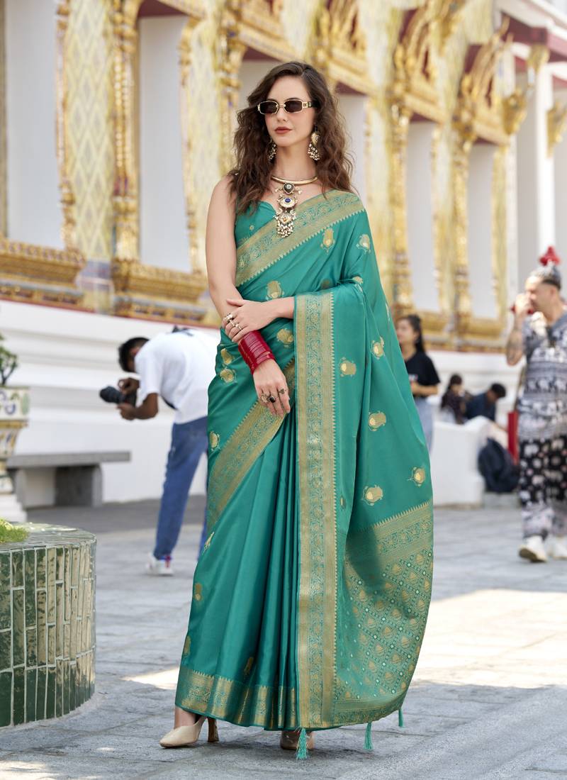 turquoise  satin silk blend with beautiful zari weaving border & designer pallu