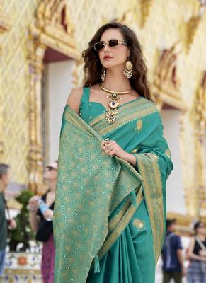 turquoise  satin silk blend with beautiful zari weaving border & designer pallu 2