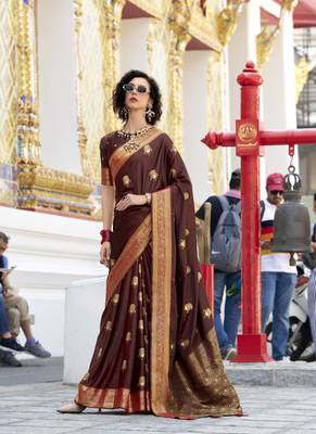 brown  satin silk blend with beautiful zari weaving border & designer pallu 1