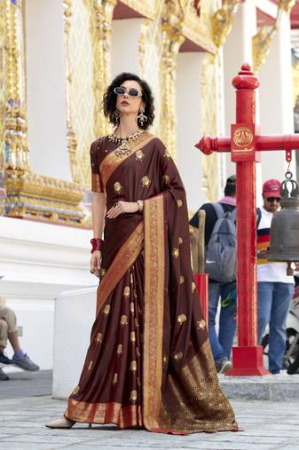 brown  satin silk blend with beautiful zari weaving border & designer pallu