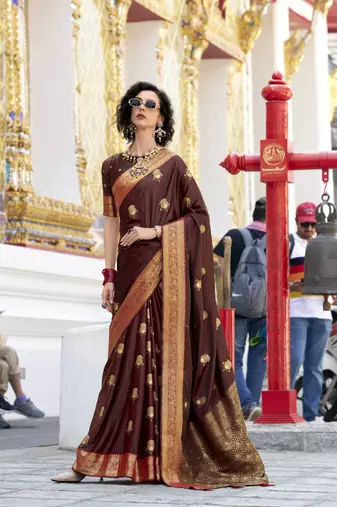 brown  satin silk blend with beautiful zari weaving border & designer pallu