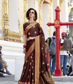brown  satin silk blend with beautiful zari weaving border & designer pallu
