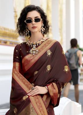 brown  satin silk blend with beautiful zari weaving border & designer pallu 2