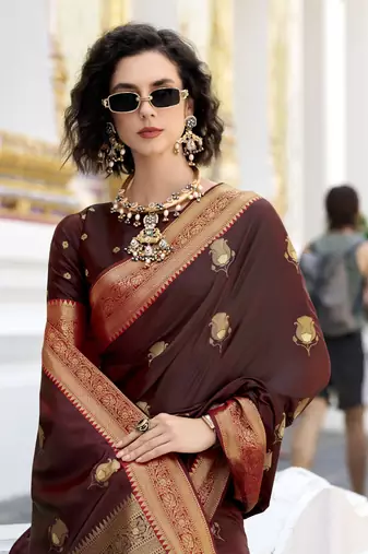 brown  satin silk blend with beautiful zari weaving border & designer pallu