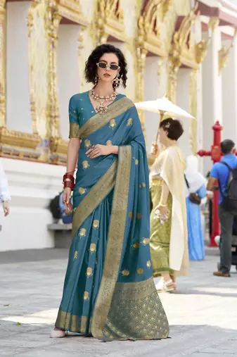 peacock blue satin silk blend with beautiful zari weaving border & designer pallu