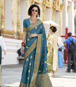 peacock blue satin silk blend with beautiful zari weaving border & designer pallu