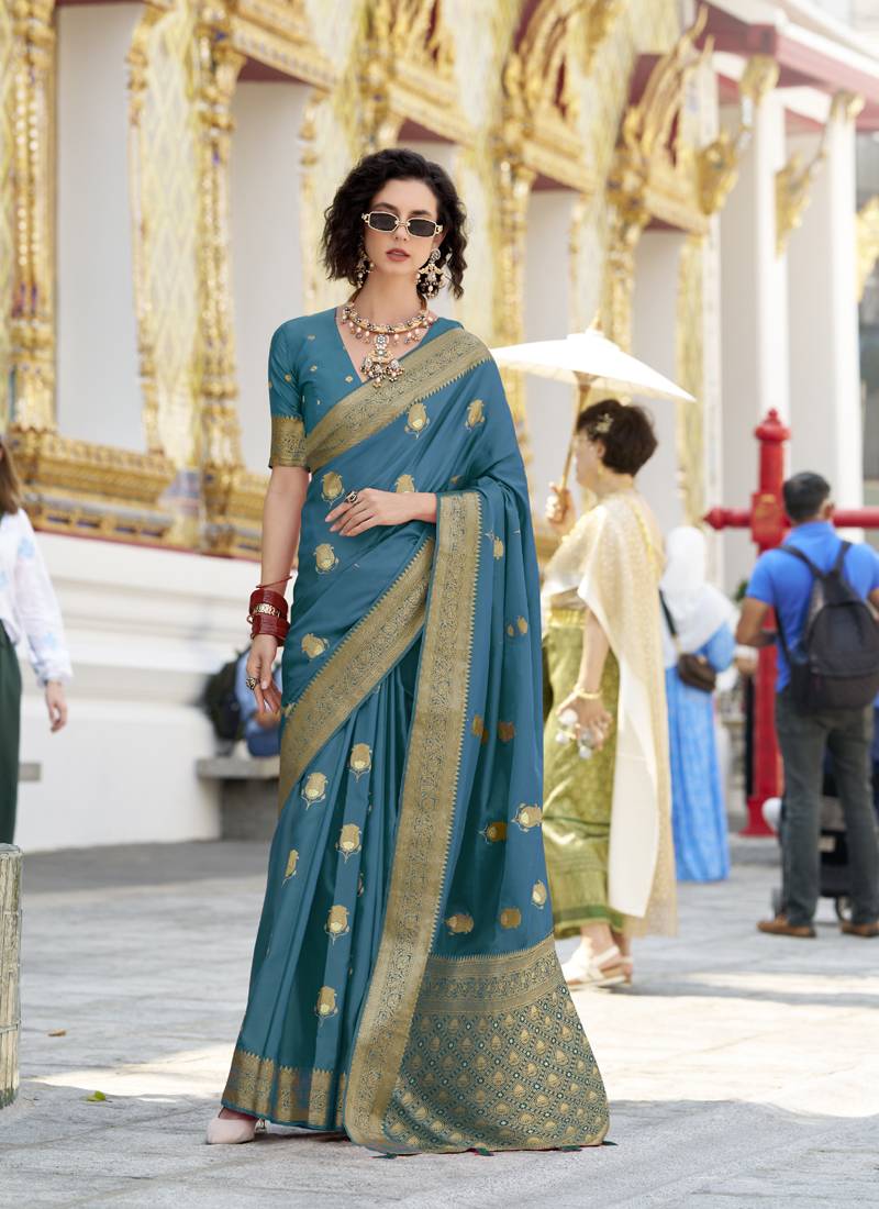 peacock blue satin silk blend with beautiful zari weaving border & designer pallu