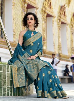 peacock blue satin silk blend with beautiful zari weaving border & designer pallu 2