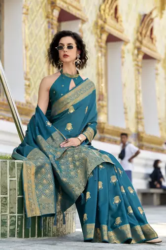peacock blue satin silk blend with beautiful zari weaving border & designer pallu
