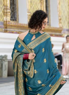 peacock blue satin silk blend with beautiful zari weaving border & designer pallu 3