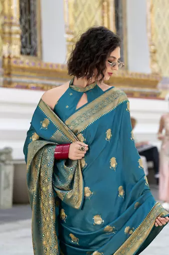 peacock blue satin silk blend with beautiful zari weaving border & designer pallu