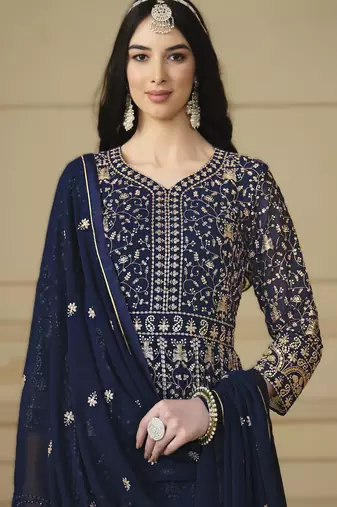 dark navy blue ready to wear faux georgette kurti set with santool inner & dupatta 