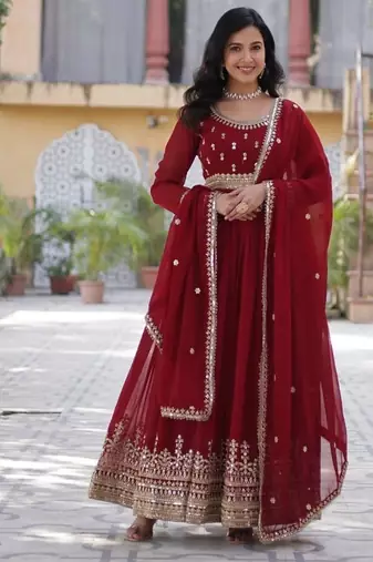 Red faux blooming anarkali gown