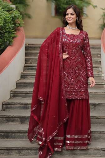 Maroon premium designer readymade sharara suit with dupatta