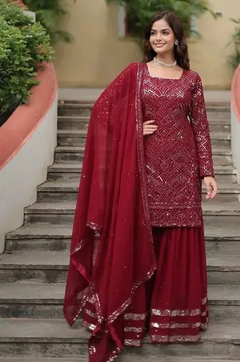 Maroon premium designer readymade sharara suit with dupatta