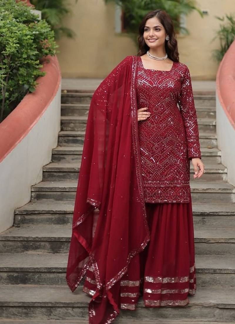 Maroon premium designer readymade sharara suit with dupatta