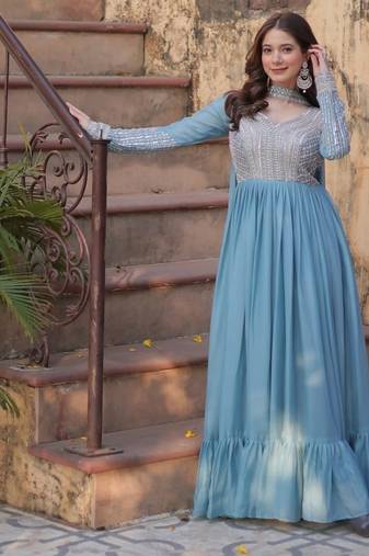 Sky blue sequin embroidered georgette anarkali set
