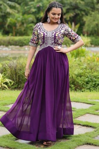 Purple zari sequin embroidered faux georgette kurta