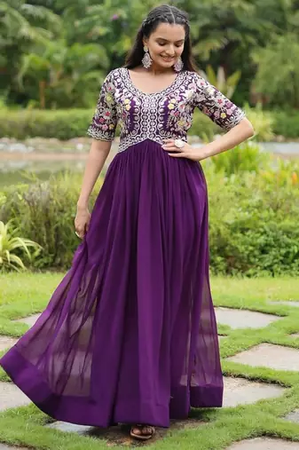 Purple zari sequin embroidered faux georgette kurta