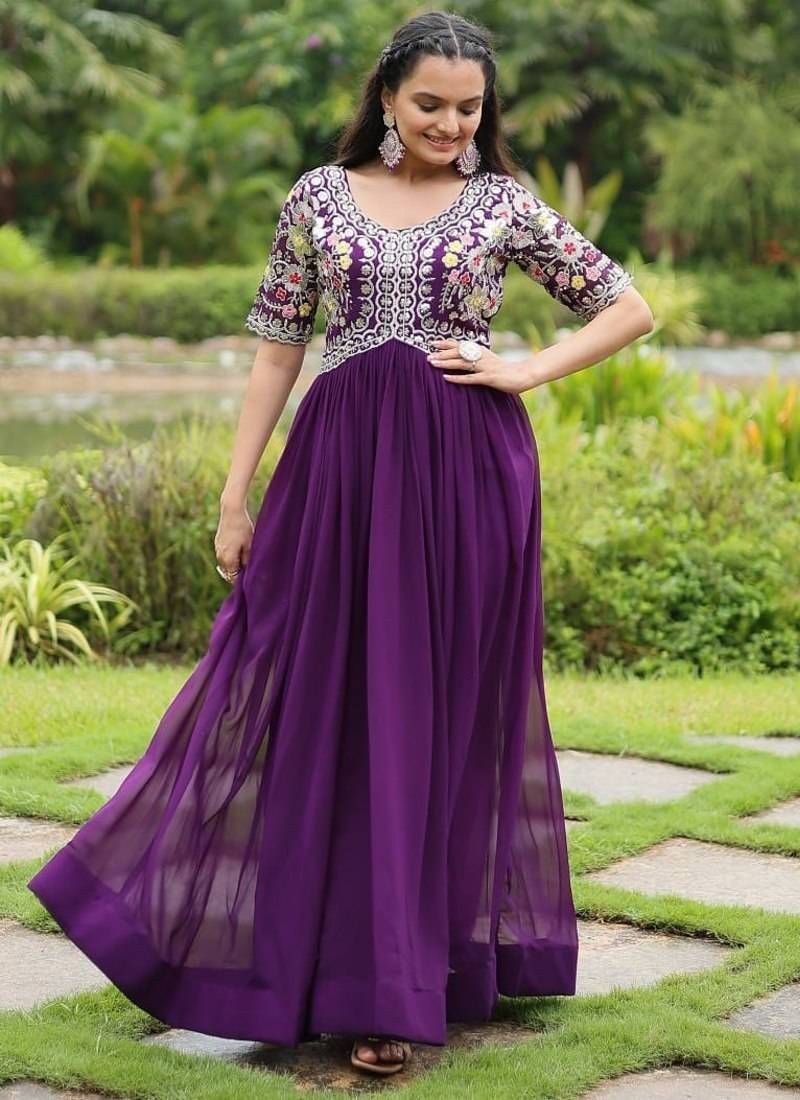 Purple zari sequin embroidered faux georgette kurta