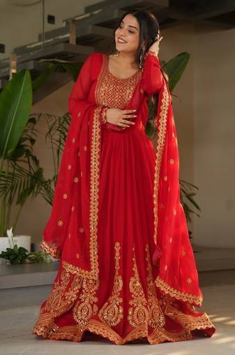Red faux blooming embroidered gown