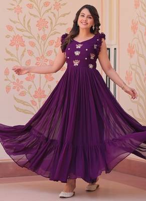 Wine faux blooming embroidered work gown 1