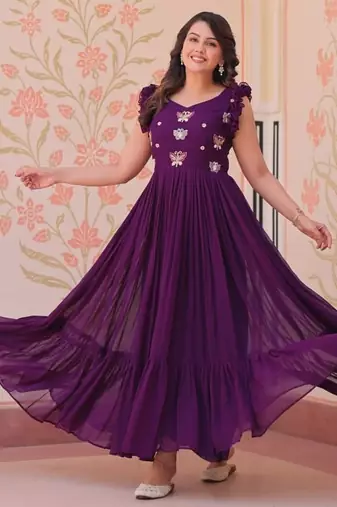 Wine faux blooming embroidered work gown