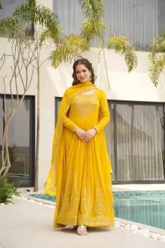 Yellow faux blooming embroidered gown