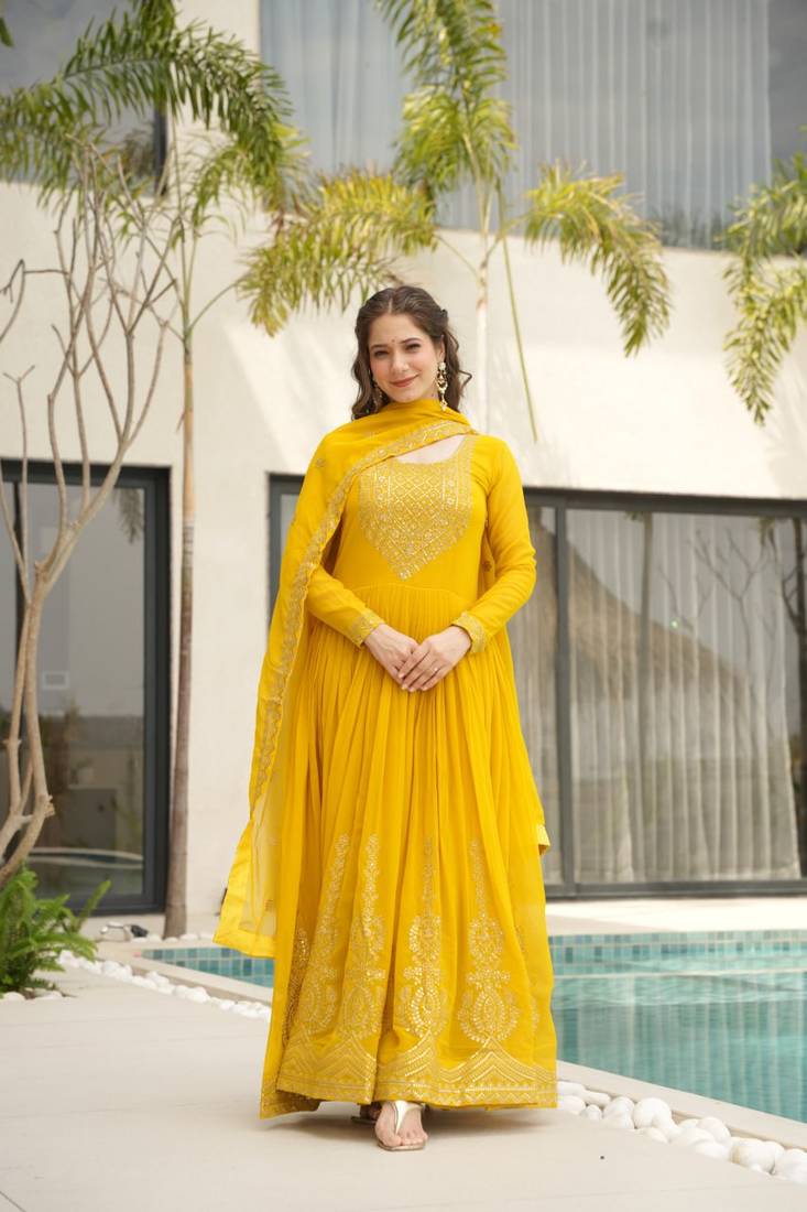 Yellow faux blooming embroidered gown