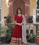 Rusty red faux blooming zari embroidered work gown