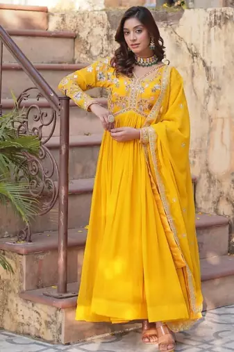 Yellow faux blooming embroidery zari work gown