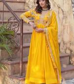 Yellow faux blooming embroidery zari work gown