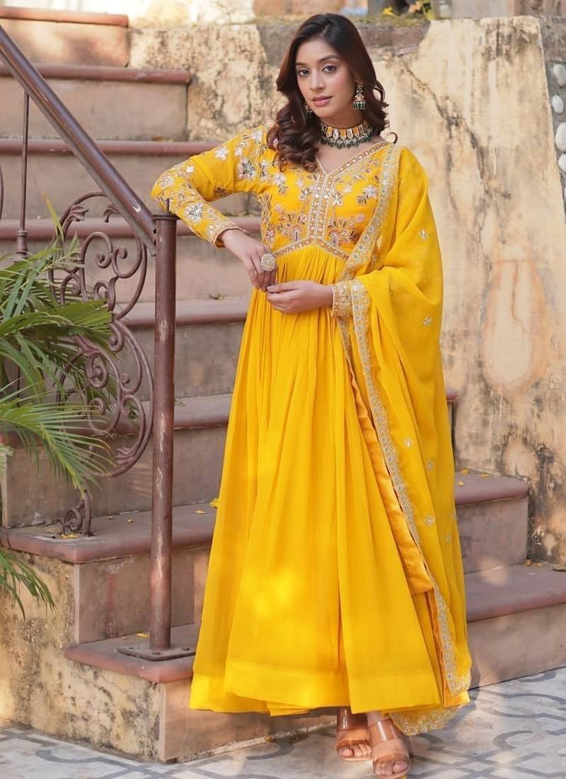 Yellow faux blooming embroidery zari work gown