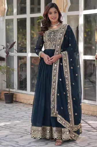 Blue faux blooming embroidered gown