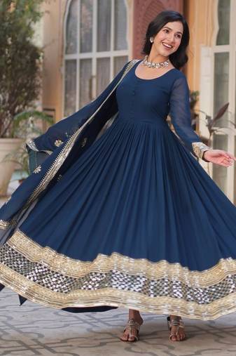 Blue sequins embroidered georgette anarkali kurta set