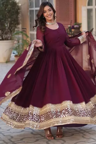 Maroon sequins embroidered georgette anarkali kurta set