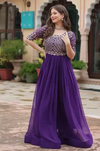 Purple zari sequin embroidered faux blooming anarkali set