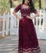 Maroon zari sequin embroidered faux georgette kurta