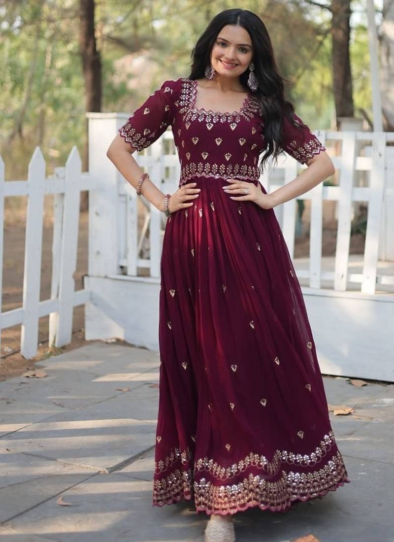 Maroon zari sequin embroidered faux georgette kurta
