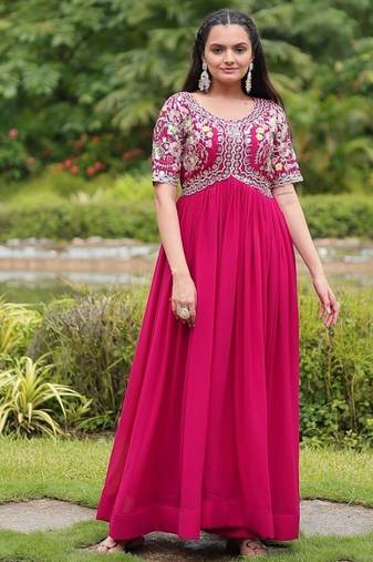 Pink zari sequin embroidered faux georgette kurta
