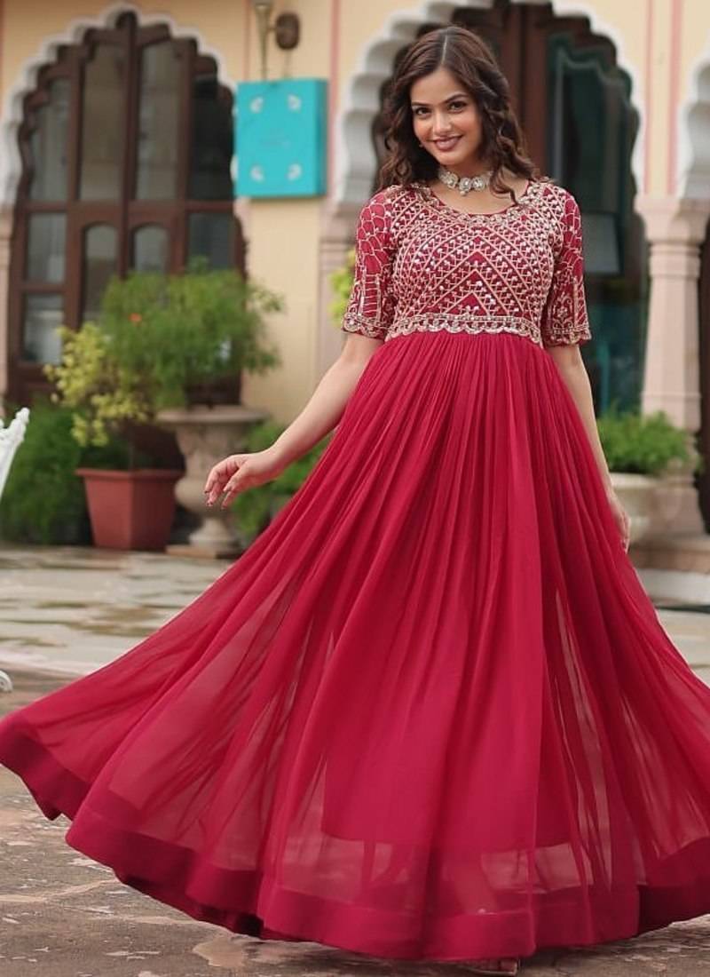 Pink zari sequin embroidered faux blooming anarkali set